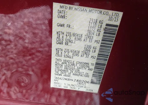 2015 Nissan Murano S z USA, uszkodzony, nr VIN 5N1AZ2MG8FN280206